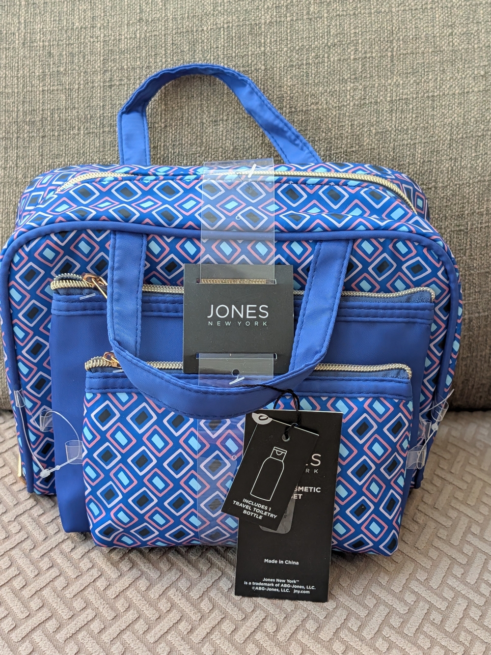 Jones New York Blue & Pink Diamond-Print Cosmetic Tote NWT